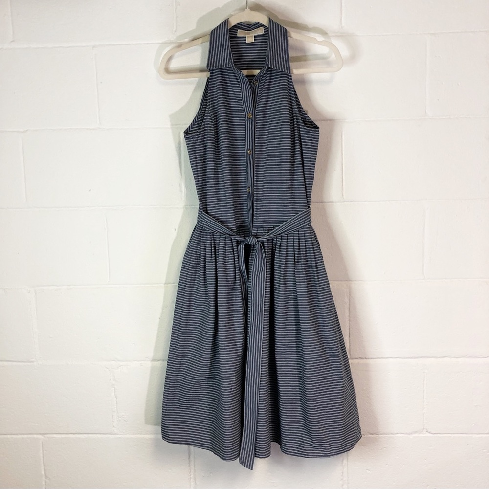 MICHAEL Michael Kors Blue And White Striped Dress Racer Back Belted Button Front
